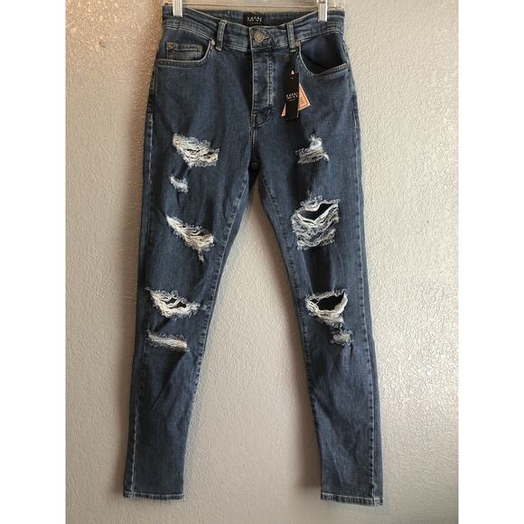 Boohooman Womens Denim 30 Skinny Stretch All Over Ripped Jeans Distressed NEW - Picture 1 of 10